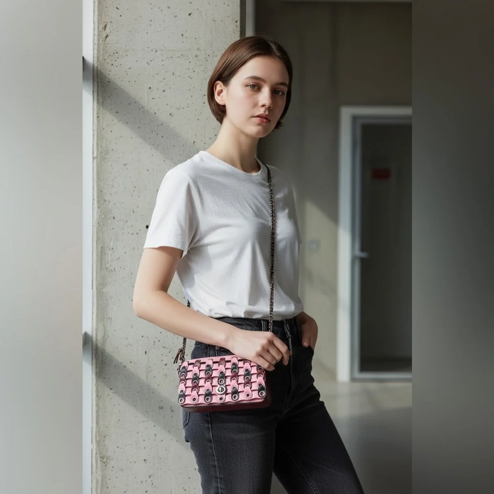 Coach Pink Woven-Link Crossbody with Multicolor Chain Accents